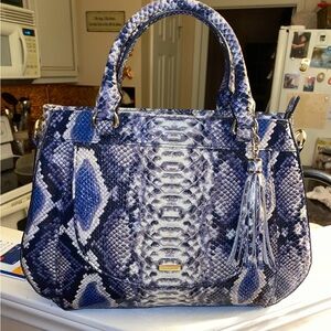 Brahmin Raylynn Blue Snake-Print Satchel Handbag with Tassel